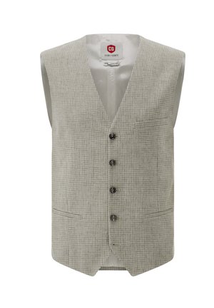 Hellgraue, karierte Herrenweste mit vier schwarzen Knöpfen und drei vorderen Taschen, ärmellos mit V-Ausschnitt.