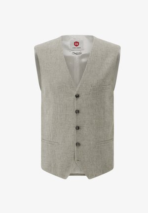 Hellgraue, karierte Herrenweste mit vier schwarzen Knöpfen und drei vorderen Taschen, ärmellos mit V-Ausschnitt.