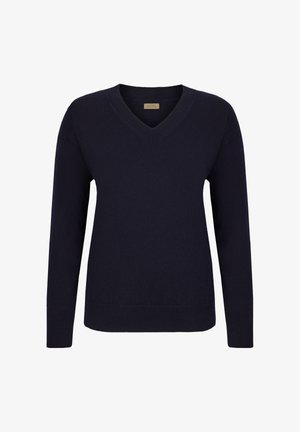 Donkerblauwe V-hals trui met lange mouwen. Gemaakt van zachte stof, met ribboorden aan de mouwen en onderkant, een gladde textuur en minimale stikdetails.