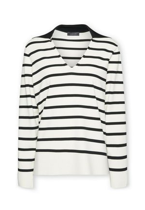 Gestreiftes langärmeliges Oberteil in Weiß und Schwarz mit V-Ausschnitt und schwarzen, unifarbenen Akzenten am Kragen. Weicher, strukturierter Stoff mit legerer Passform.