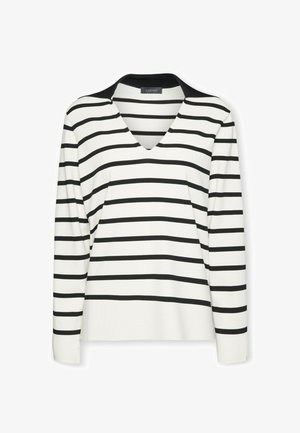 Gestreiftes langärmeliges Oberteil in Weiß und Schwarz mit V-Ausschnitt und schwarzen, unifarbenen Akzenten am Kragen. Weicher, strukturierter Stoff mit legerer Passform.