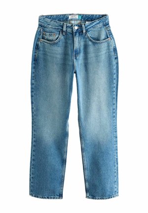 Hellblaue Denim-Jeans im geraden Schnitt mit klassischem Fünf-Taschen-Design, dezentem Verblassen und sichtbaren Nähten. Metallknopfverschluss an der Taille.