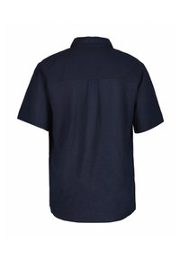 Chemise à manches courtes marine en tissu texturé, dotée d'un col classique, d'une patte de boutonnage au dos et d'un ourlet droit. Design simple, sans motifs.