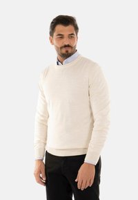 Pullover in maglia color beige chiaro con collo a giro e maniche lunghe, abbinato a una camicia color azzurro chiaro con colletto sottostante, dalla texture liscia.