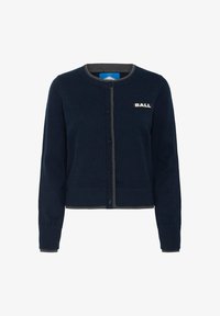 Cárdigan azul marino hecho de suave tejido de punto con cuello y puños a rayas grises. Presenta un cierre de botón y un logo de "BALL" en el lado izquierdo del pecho.