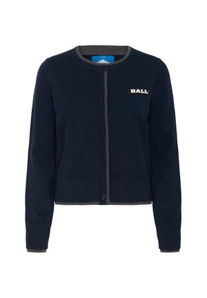 Cardigan bleu marine en tricot doux avec un col et des poignets rayés gris. Doté d'une fermeture à boutons et d'un logo "BALL" sur la poitrine gauche.