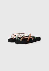 Black flip-flops with three straps in green, pink, and brown. Textured fabric straps on a smooth rubber sole, featuring a slight curve.