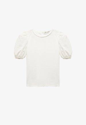 White textured top with puff sleeves. Features a rounded neckline and back keyhole detail. Fabric appears lightweight and airy.
