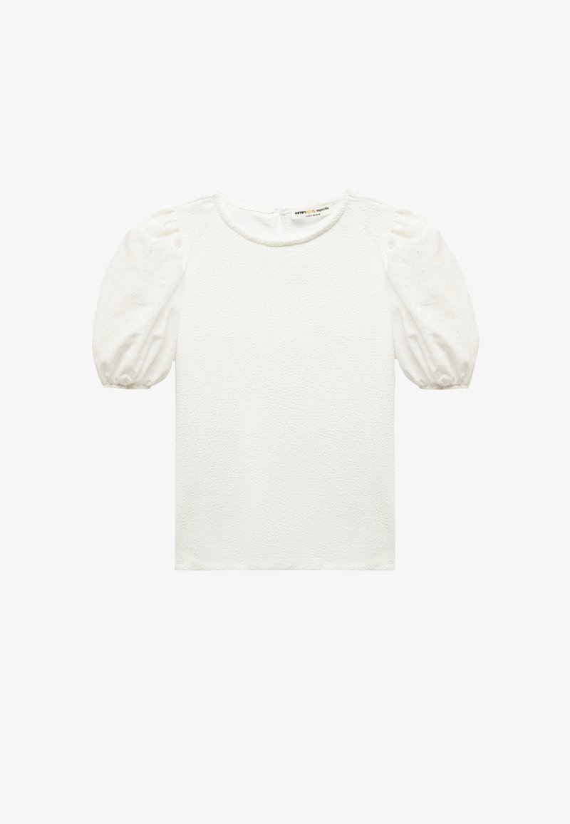 Weißes, strukturiertes Oberteil mit Puffärmeln. Verfügt über einen runden Ausschnitt und ein Schlitzdetail im Rücken. Der Stoff wirkt leicht und luftig.