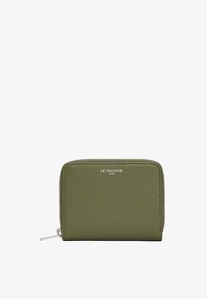 Olive green leather wallet with textured surface, zipper closure, and silver hardware. Front features embossed logo and clean, rectangular design.