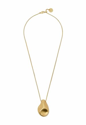 Collier en chaîne dorée avec un pendentif lisse de forme abstraite ressemblant à un galet poli, présentant une indentation arrondie.