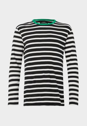 Cămașă cu mânecă lungă în dungi alb-negru, cu guler verde. Conține un material moale și o croială lejeră. Design simplu, clasic.