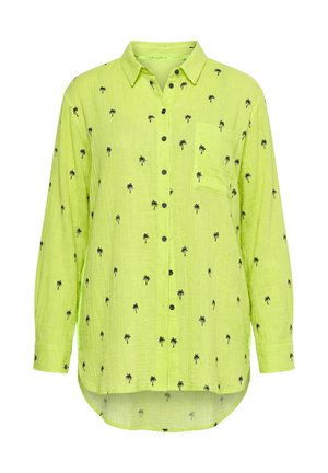 Pitkähihainen limenvihreä nappipaita, jossa on pieniä mustia palmuaiheita ja rintatasku vasemmalla puolella.