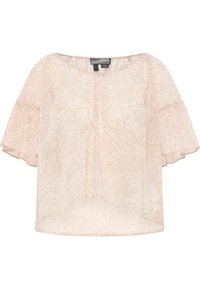 Blusa rosa chiaro realizzata in un tessuto trasparente, con un motivo paisley, maniche a sbuffo corte e un colletto tondo con una fila di bottoni.