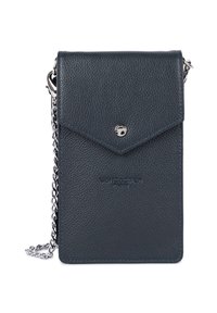 Borsa a tracolla in pelle blu scuro con superficie testurizzata, pattina triangolare, accessori in argento e tracolla a catena. Logo impresso sul davanti.