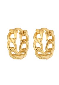 Goldfarbene Creolen mit einem klobigen Kettenlink-Design. Glatte, glänzende Oberfläche mit kreisförmiger Form und verbundenen Gliederakzenten.