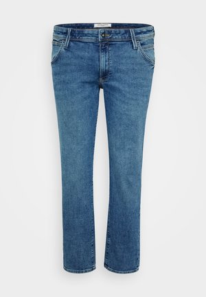 Men’s blue straight-leg jeans with front and back pockets, belt loops, and button closure, displayed on a white background.