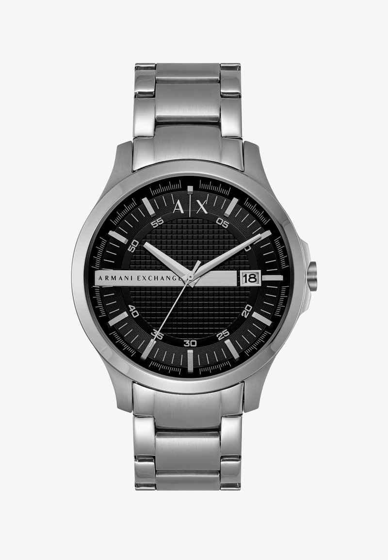 Sølvfarget metall Armani Exchange armbåndsur med svart strukturert urskive, hvite markører, datovisning klokken 3 og tre visere.