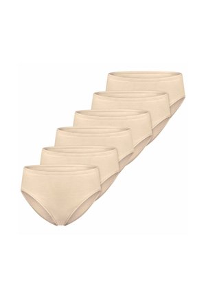 Six beige women's brief-style underwear neatly arranged in a diagonal row on a white background.