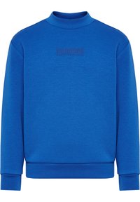 Blå sweatshirt med hög rund hals, ribbstickade ärmslut och nederkant. Har en texturerad logotyp i en något mörkare nyans av blått över bröstet.