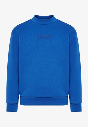 Blå sweatshirt med høj rund hals, ribbede manchetter og nederkant. Har et tekstureret logo i en lidt mørkere blå nuance over brystet.