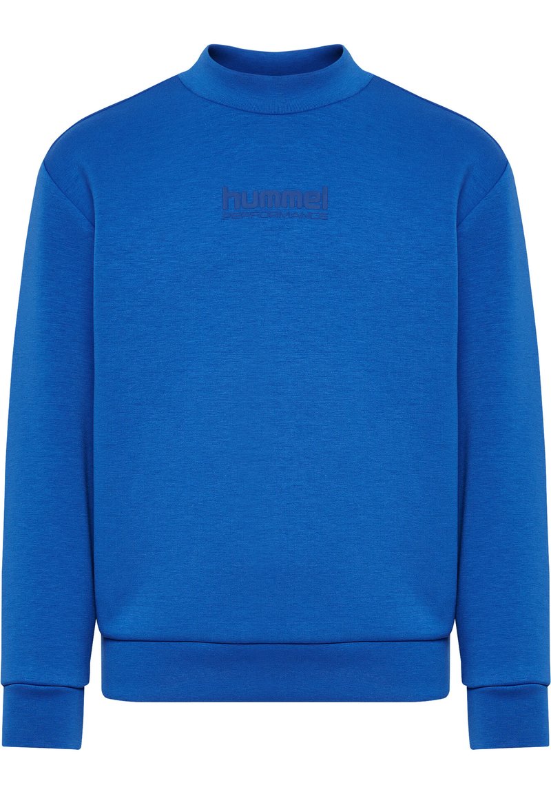 Blå sweatshirt med hög rund hals, ribbstickade ärmslut och nederkant. Har en texturerad logotyp i en något mörkare nyans av blått över bröstet.