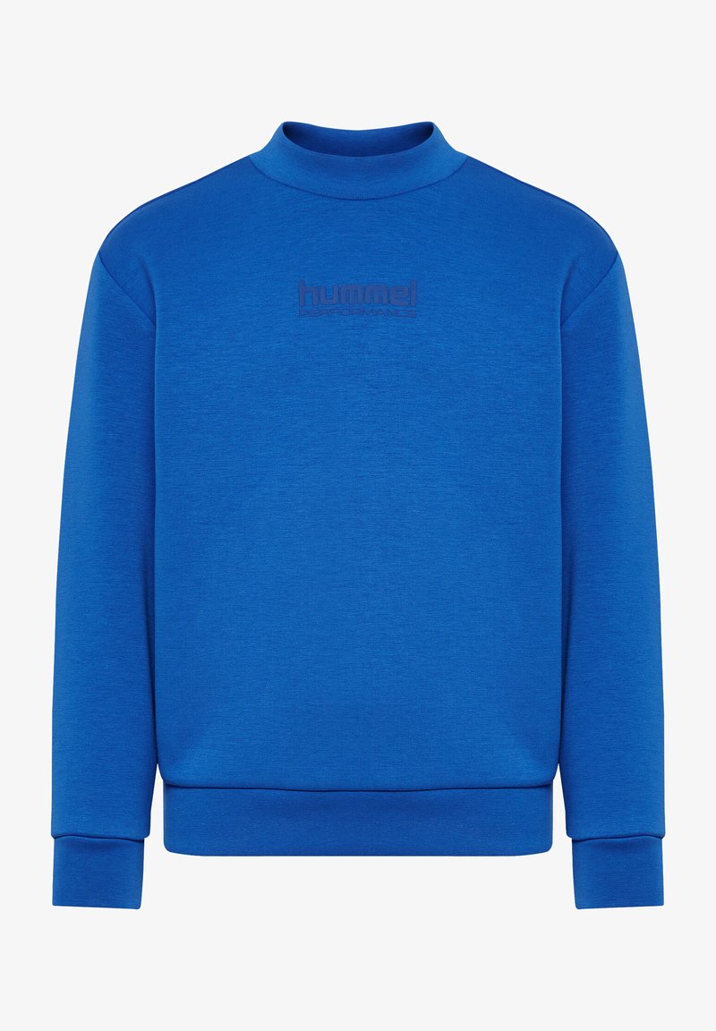 Blå sweatshirt med hög rund hals, ribbstickade ärmslut och nederkant. Har en texturerad logotyp i en något mörkare nyans av blått över bröstet.