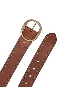 Brown leather belt with an oval brass buckle. Features decorative studs along the length, reinforced holes for adjustment.