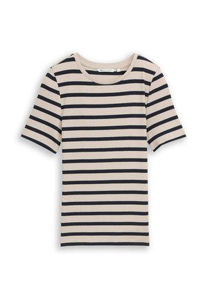 Striped t-shirt with short sleeves, featuring horizontal navy blue stripes on a light beige background, made of ribbed material.