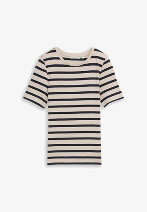 Maglietta a righe con maniche corte, caratterizzata da strisce orizzontali blu navy su sfondo beige chiaro, realizzata in materiale a costine.