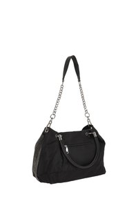 Sac à main en textile noir avec une chaîne et une bandoulière en tissu, équipé d'une poche zippée et d'un panneau latéral texturé. Design doux et spacieux.