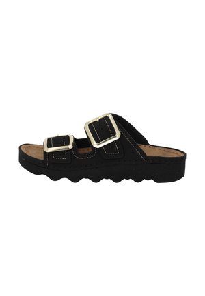 Black slide sandal with two adjustable buckles, cork footbed, and wavy rubber sole. Stitching detail on upper and contrasting gold hardware.