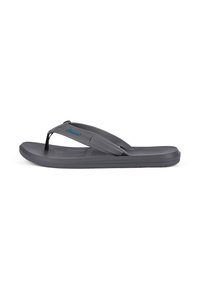 Grau leichtgewichtige Flip-Flops mit strukturiertem Fußbett, Gummisohle, Stoffriemen und einem kleinen blauen Logoakzent am Riemen.