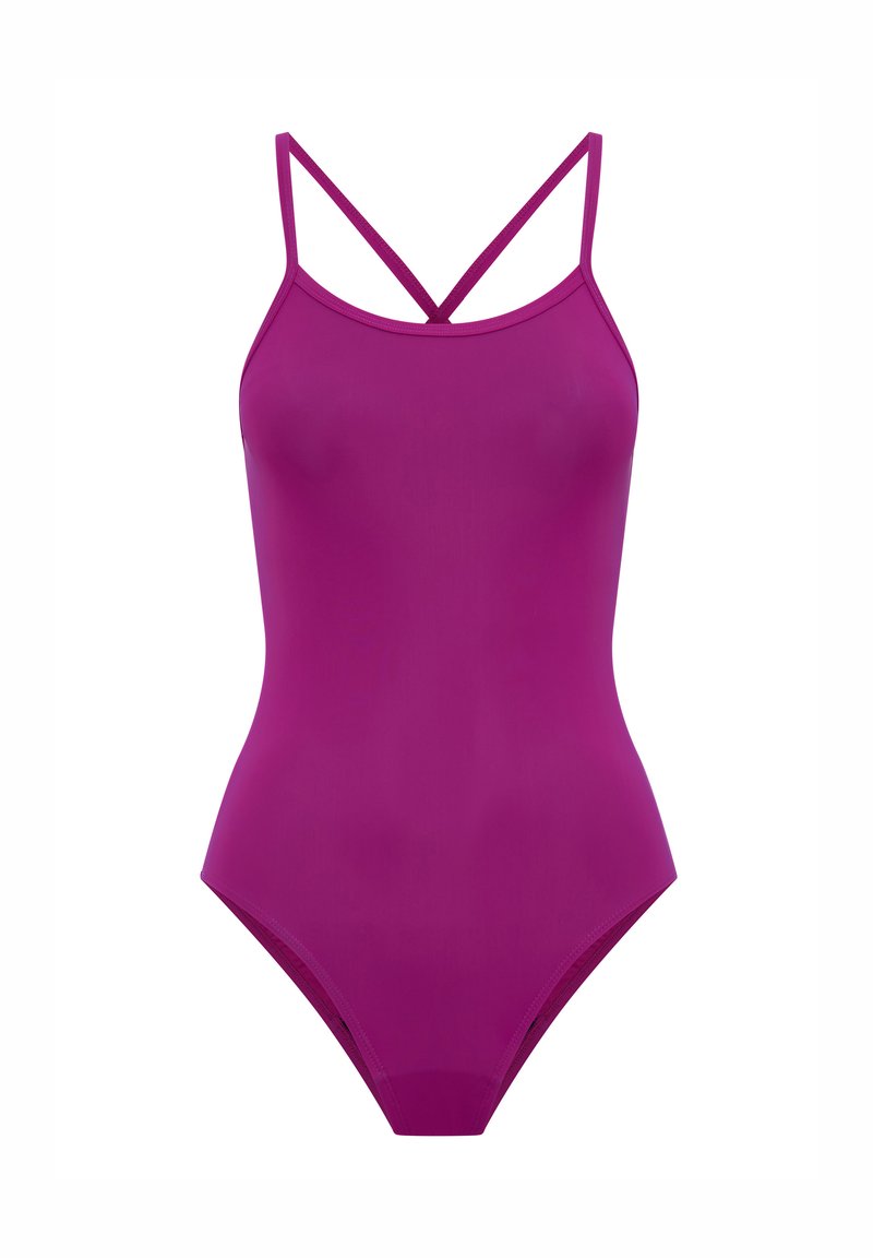 Maillot de bain magenta avec de fines bretelles réglables ; présente une texture lisse et une coupe ajustée, mettant en valeur une silhouette classique une pièce.