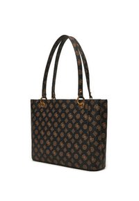 Borsa tote nera con motivo, accentuata da finiture in oro, due manici lunghi e una forma strutturata con una superficie liscia e appuntita.
