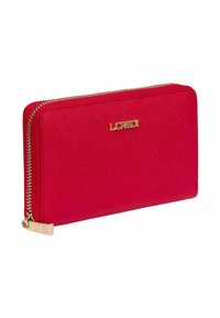 Red zippered wallet made of textured material, featuring a gold logo accent and a smooth zipper. Compact rectangular shape.