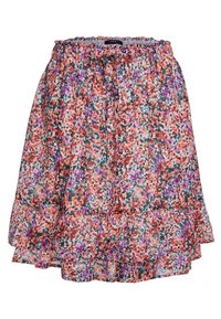 Jupe à imprimé floral en tissu léger, dotée d'une taille élastique et d'un ourlet à volants superposés. Les couleurs incluent l'orange, le violet, le vert et le blanc.