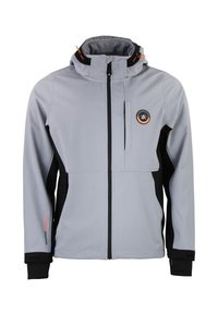 Grå och svart softshell-jacka med dragkedja fram, justerbar huva och orange detaljer. Har en bröstficka och elastiska ärmslut.