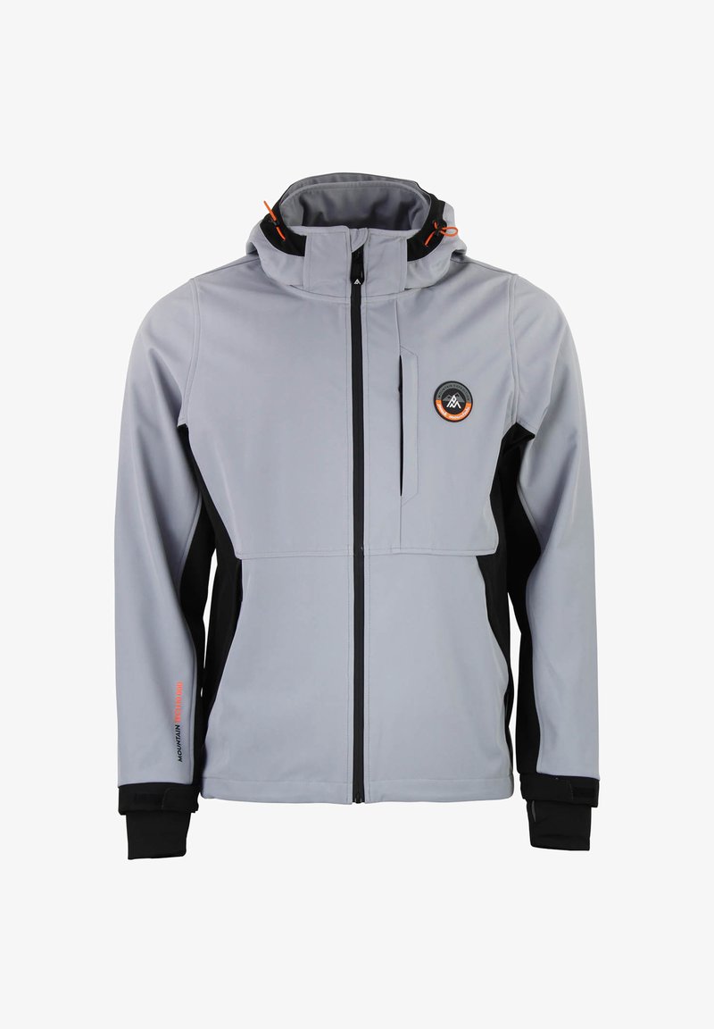 Grå och svart softshell-jacka med dragkedja fram, justerbar huva och orange detaljer. Har en bröstficka och elastiska ärmslut.