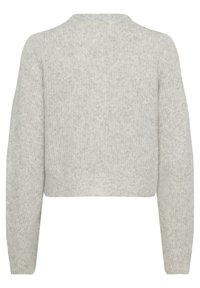 Šviesiai pilkas trumpas megztinis su raukšlėtu paviršiumi, apvaliu kaklu ir ilgomis rankovėmis. Minkšta medvilnė su subtiliu raštu visame megztinyje.