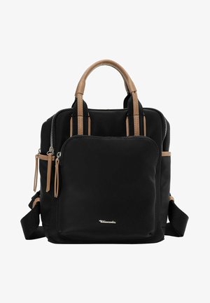 Sac à dos noir avec plusieurs compartiments zippés, poignées beige et bretelles ajustables, affiché en vue de face sur fond blanc.