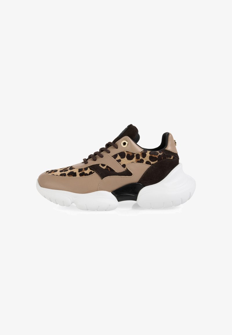 Brown and black sneaker with leopard print accents, black laces, and chunky white sole on a white background.