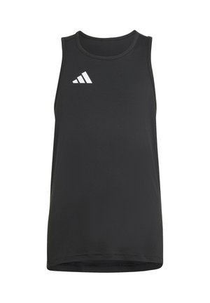 Débardeur de sport noir sans manches avec un petit logo Adidas blanc sur le haut à gauche de la poitrine.