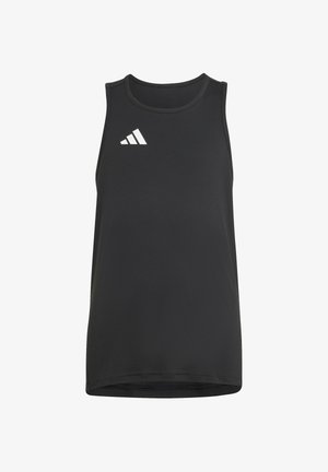 Débardeur de sport noir sans manches avec un petit logo Adidas blanc sur le haut à gauche de la poitrine.