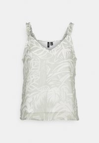 Haut sans manches vert clair avec motif floral, encolure en V et bretelles volantées. Tissu doux avec une coupe décontractée et une texture subtile.