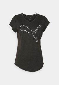 Black short-sleeve t-shirt with a v-neck, featuring a large white Puma logo in mid-leap on the front. Soft, textured fabric.