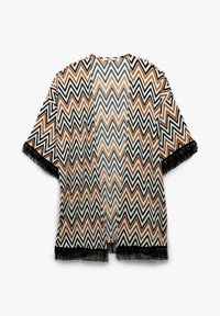 Farverig kimono-stil cover-up i hvid, sort og orange zigzag mønster. Har frynse detaljer langs ærmerne og kanten.