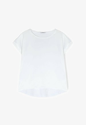 Weißes T-Shirt mit kurzen Ärmeln und rundem Ausschnitt, aus glattem Stoff gefertigt. Verfügt über einen lockeren Schnitt und einen leicht geschwungenen Saum.