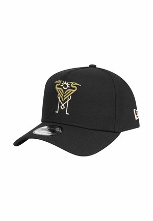 Black cap made of fabric with a structured design. Features gold and white embroidered logo with bird motifs on the front. Curved brim.