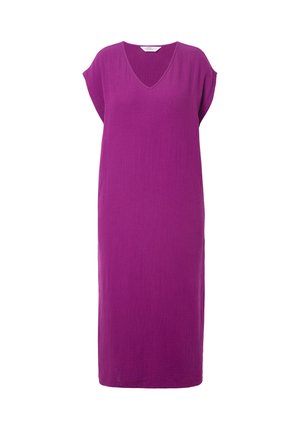 Paarse jurk met een V-hals, korte mouwen en een losse pasvorm. Gemaakt van lichtgewicht, gestructureerde stof, valt tot op de knie.